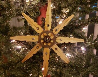 Large Single Steampunk Clothespin Snowflake Natural 6" Diameter