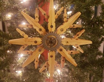 Large Single Steampunk Clothespin Snowflake Natural 6" Diameter