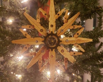 Large Single Steampunk Clothespin Snowflake Golden Pecan 6" Diameter