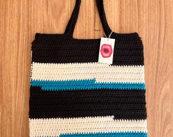 Stripe Crochet Tote Bag - Black, Cream and Blue