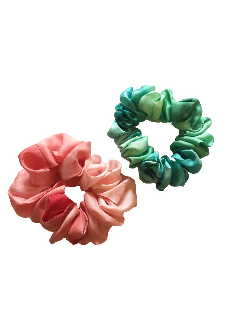 Hand Painted Silk Scrunchies Pink Green