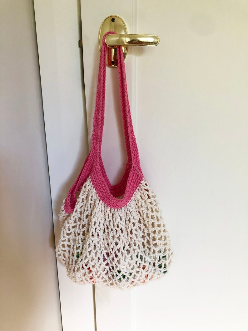 Cream and Pink Crochet Shopping Bag image 2