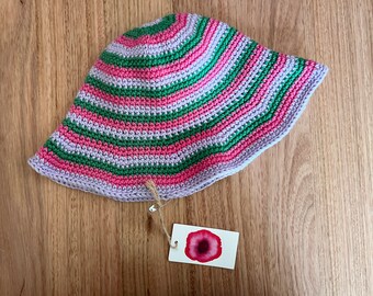Crochet Hat - Pink Green Lilac Stripe