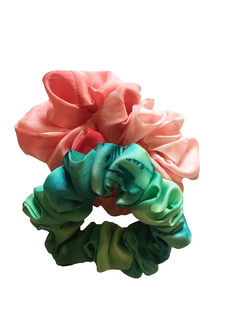 Hand Painted Silk Scrunchies Pink Green