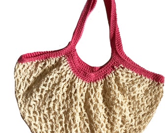 Cream and Pink Crochet Shopping Bag