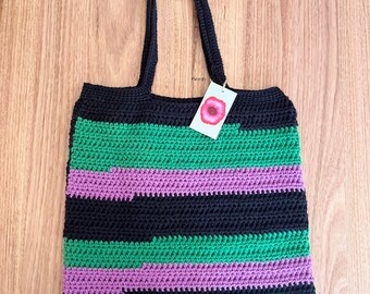 Stripe Crochet Tote Bag - Black, Green and Purple