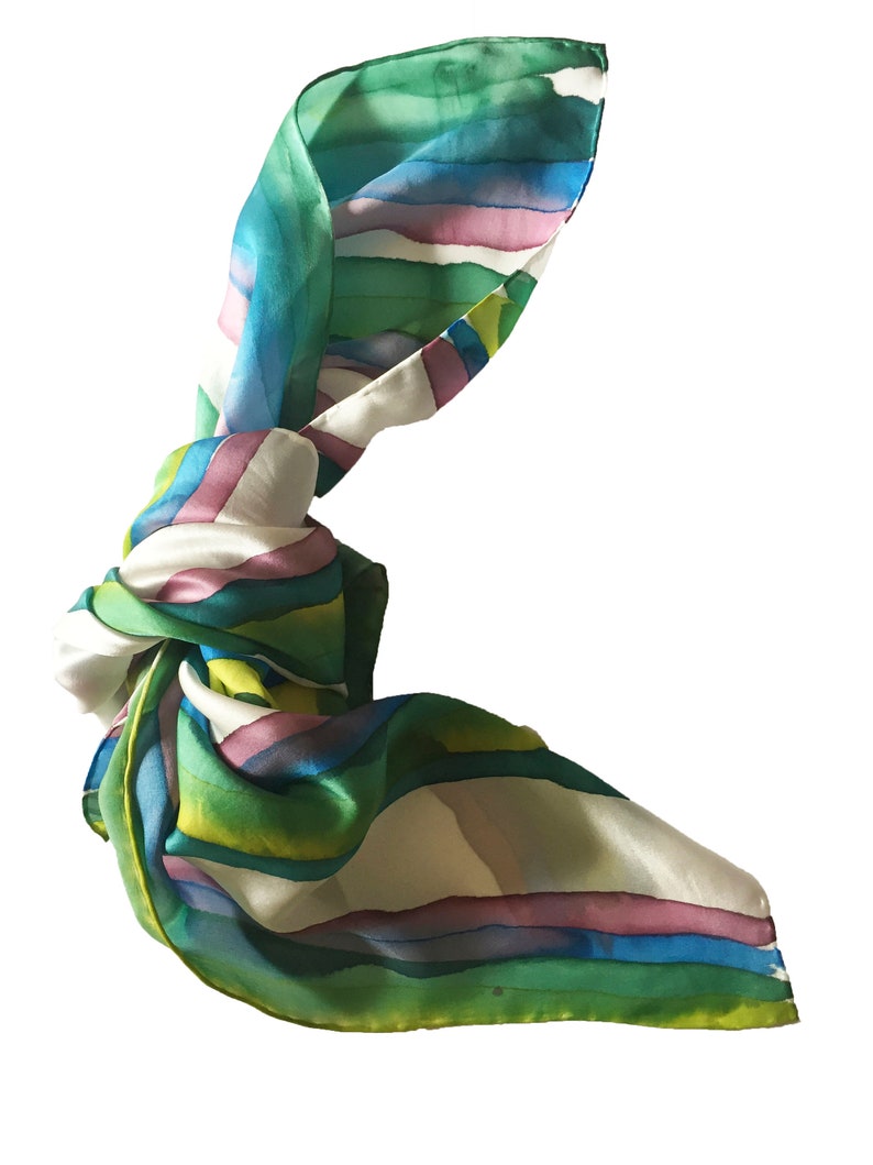 Green Blue Purple Stripe Hand Painted Silk Satin Scarf image 5