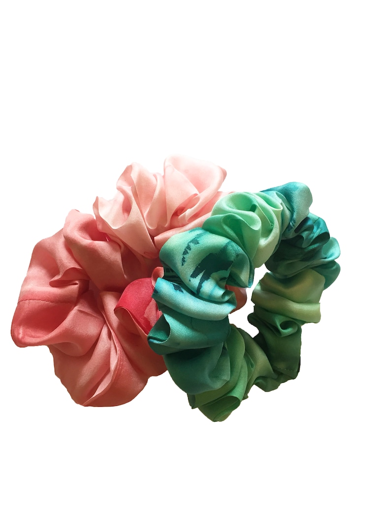 Hand Painted Silk Scrunchies Pink Green