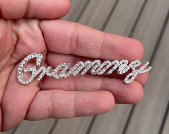 script 3" Grammy rhinestone clear silver pin brooch lapel jewelry NEW with velvet pouch