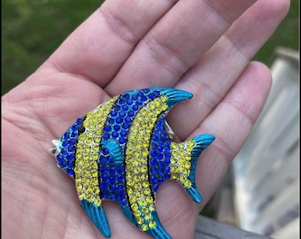 Yellow and Blue Tropical Fish Rhinestone Brooch Pin - Nautical Beach Jewelry 2&quot; NEW