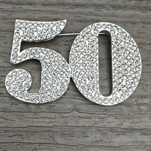 Stunning Large 3” Rhinestone Brooch Pin Number 50 50th Birthday Anniversary Jewelry Gift Silver