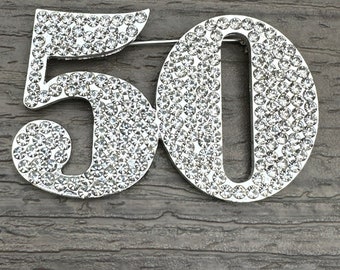 Stunning Large 3” Rhinestone Brooch Pin Number 50 50th Birthday Anniversary Jewelry Gift Silver