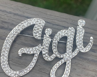 Large Custom script 3&quot; Gigi rhinestone clear silver or gold pin brooch lapel NEW with velvet pouch