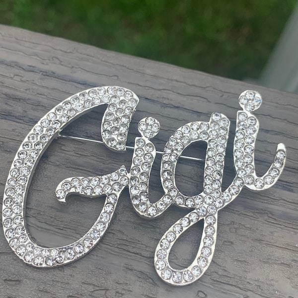 Large Custom script 3" Gigi rhinestone clear silver or gold pin brooch lapel NEW with velvet pouch