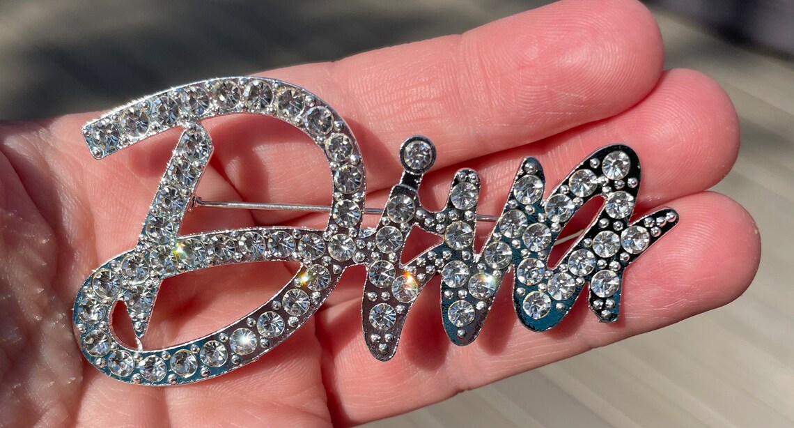 Custom Script Diva Rhinestone Brooch Pin New With Velvet Pouch 3” - Etsy