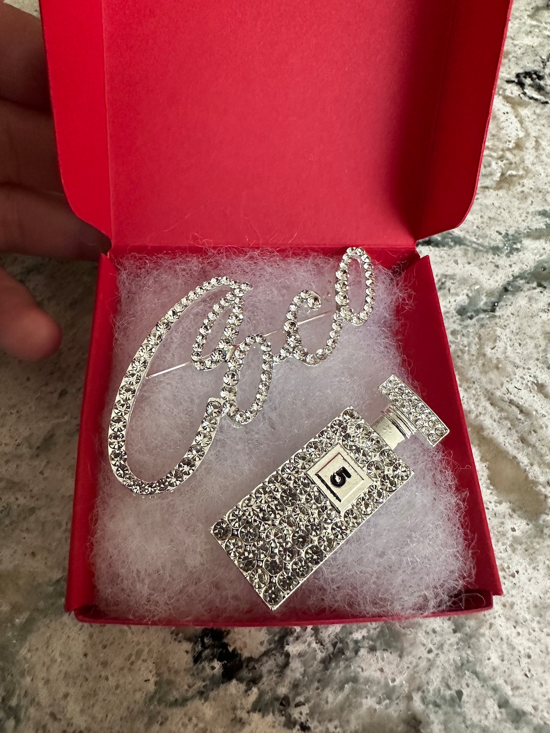 Boxed Set Perfume and Coco Jewelry Rhinestone Pin Set Brooch NEW SILVER ...