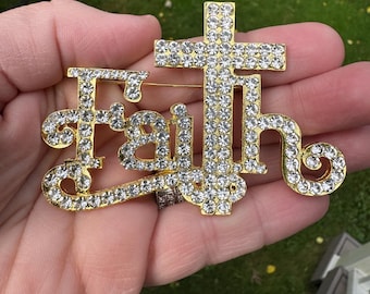 Custom Gold Large Faith cross rhinestone silver pin brooch jewelry NEW