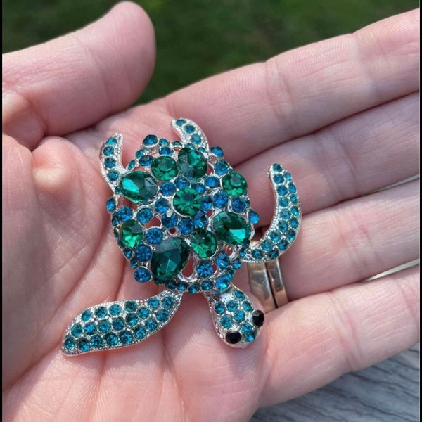 Sea turtle teal green blue silver rhinestone brooch pin vacation beach tropical NEW 2"