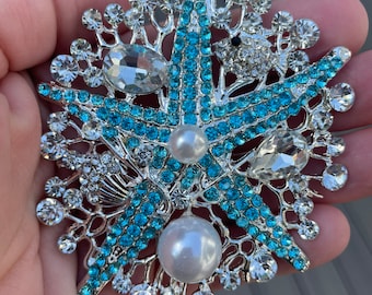 Large blue clear silver Starfish rhinestone brooch 3.25” x 3.25” pin jewelry gift NEW beach coastal