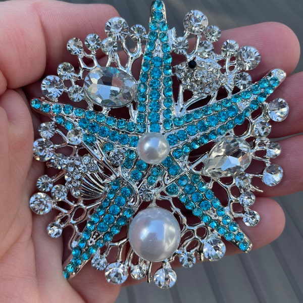 Large blue clear silver Starfish rhinestone brooch 3.25” x 3.25” pin jewelry gift NEW beach coastal