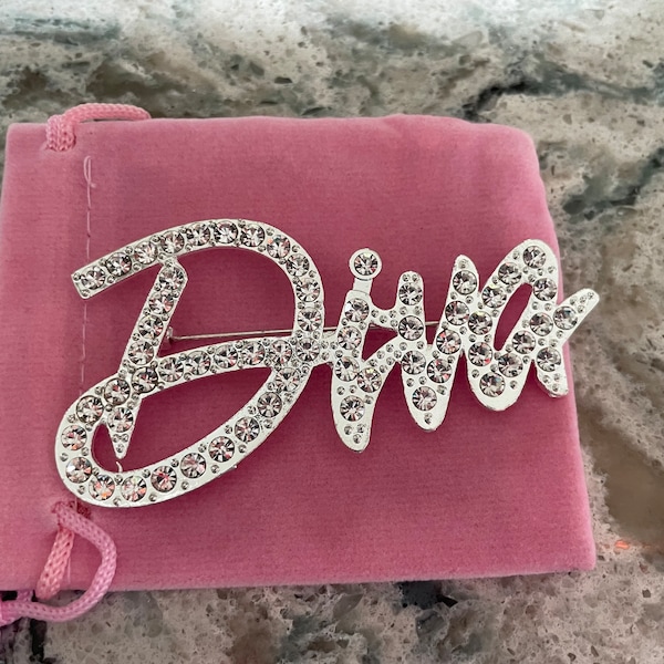 Custom script Diva rhinestone brooch pin new with velvet pouch 3”