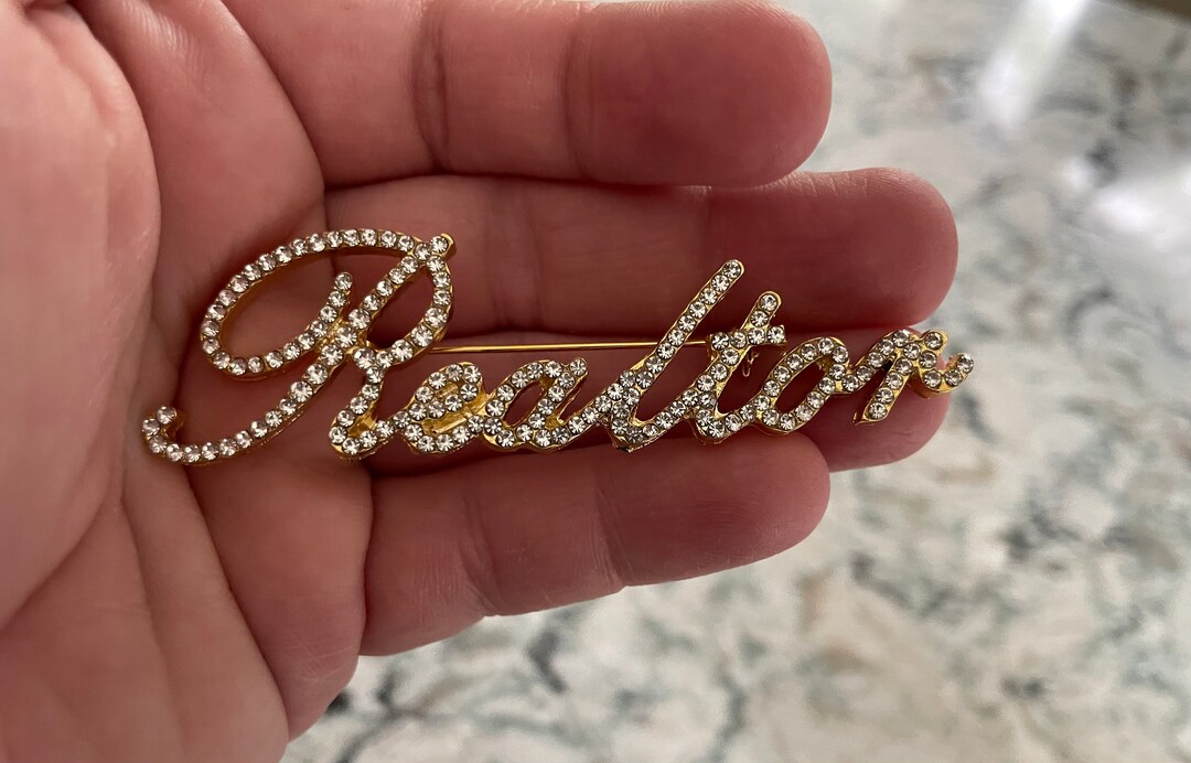 Script Brooch Custom Gold Rhinestone Script Realtor Profession Brooch 3.25” With ...