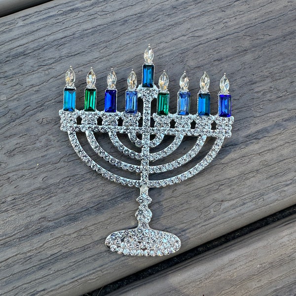 Menorah Brooch Pin Rhinestone blue silver HUGE 3x3.75” jewelry gift NEW