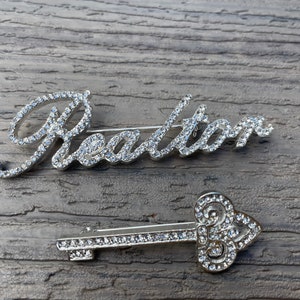 Custom script Profession Bundle two pins rhinestone Realtor and key brooch set NEW with velvet pouch
