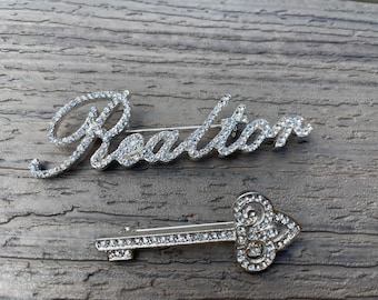 Custom script Profession Bundle two pins rhinestone Realtor and key brooch set NEW with velvet pouch