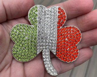 St. Paddy&#39;s Day Irish Flag colors Green Shamrock or Four Leaf Clover Brooch rhinestone pin jewelry new 2.5&quot; LARGE