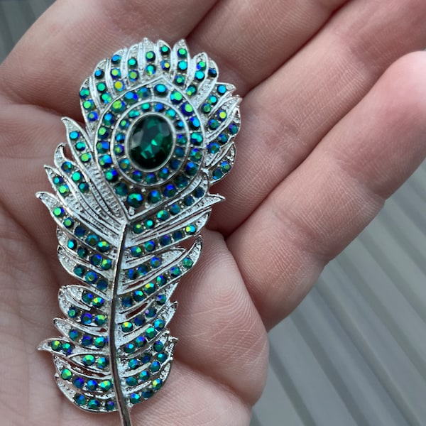 Peacock Feather Brooch Rhinestone Aqua Blue Iridescent Pin NEW Jewelry Gift 2.75”
