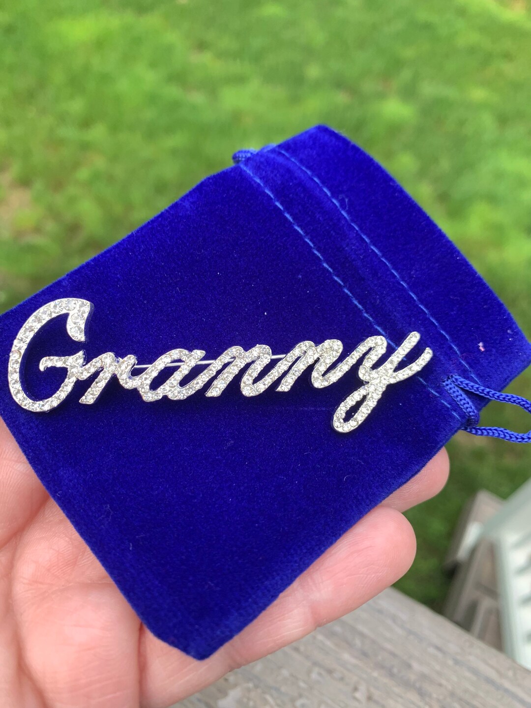 Script Brooch Granny Rhinestone Script Brooch Pin New With Velvet Pouch 3.25