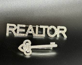 Bundle of Pins Realtor Print Silver Font and Key Set rhinestone pin brooch jewelry gift NEW with velvet pouch