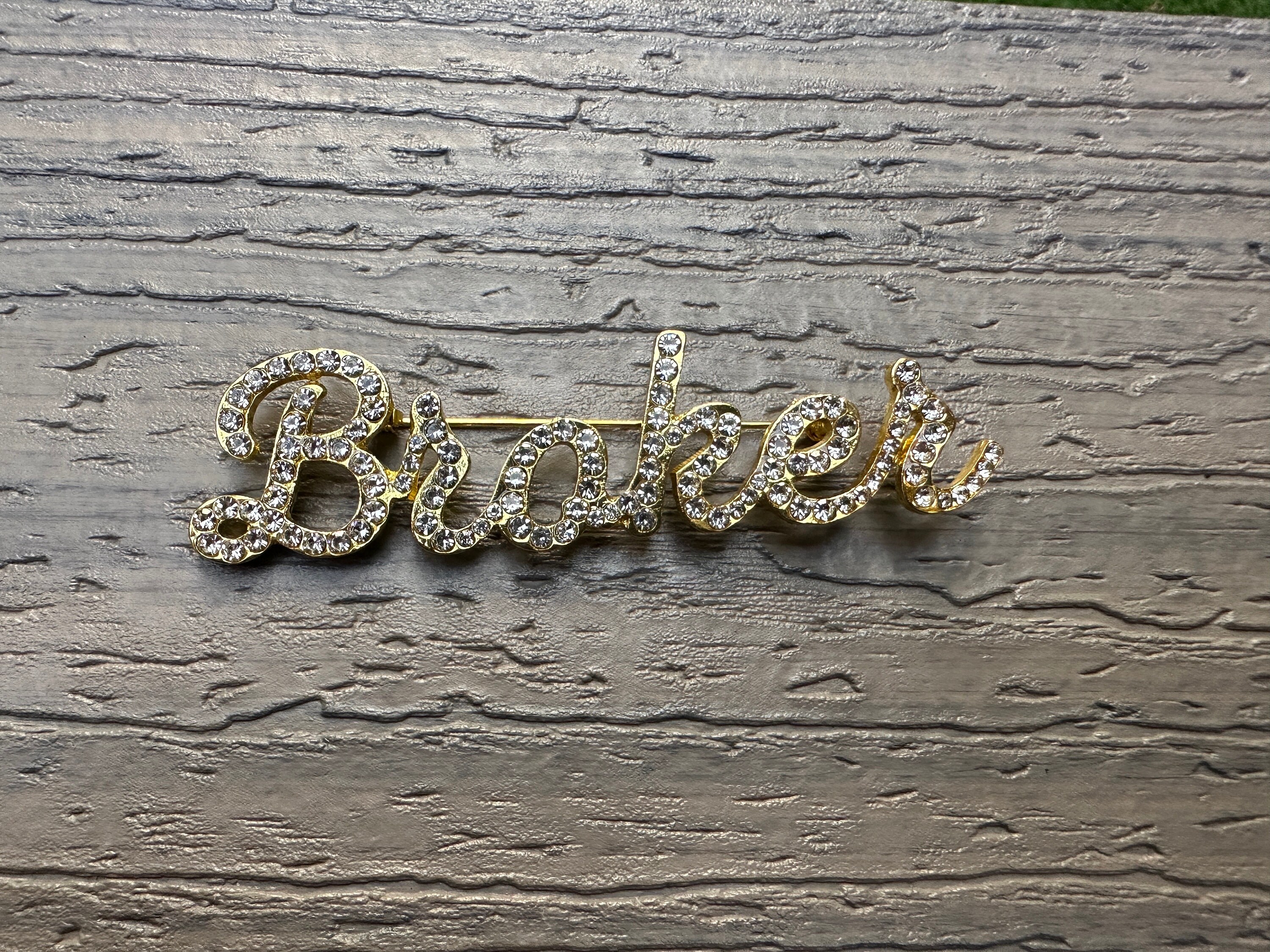 Script Brooch Custom Rhinestone GOLD Script Real Estate or Mortgage Broker Profession ...