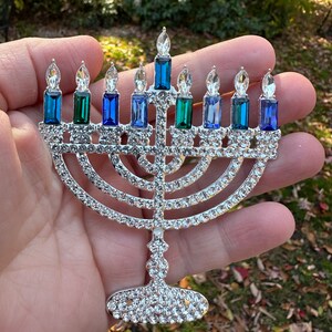 Menorah Brooch Pin Rhinestone Blue Silver HUGE 3x3.75” Jewelry Gift NEW ...