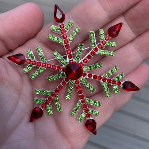 Large Snowflake Brooch Red and Green Rhinestones - Winter Wonderland ...