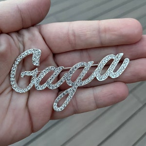 Script rhinestone Gaga pin brooch NEW with velvet pouch 3&quot; silver or gold