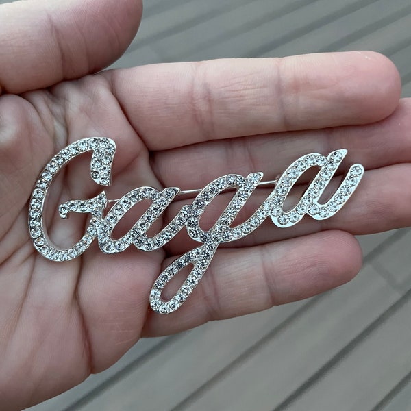 Script rhinestone Gaga pin brooch NEW with velvet pouch 3"