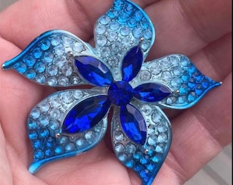 Blue silver ombre rhinestone wedding brooch bouquet flower gift birthday Christmas pin  2.25&quot;