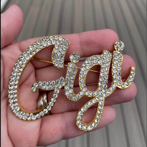 Large Custom script 3" Gold Gigi rhinestone clear silver pin brooch lapel NEW with velvet pouch