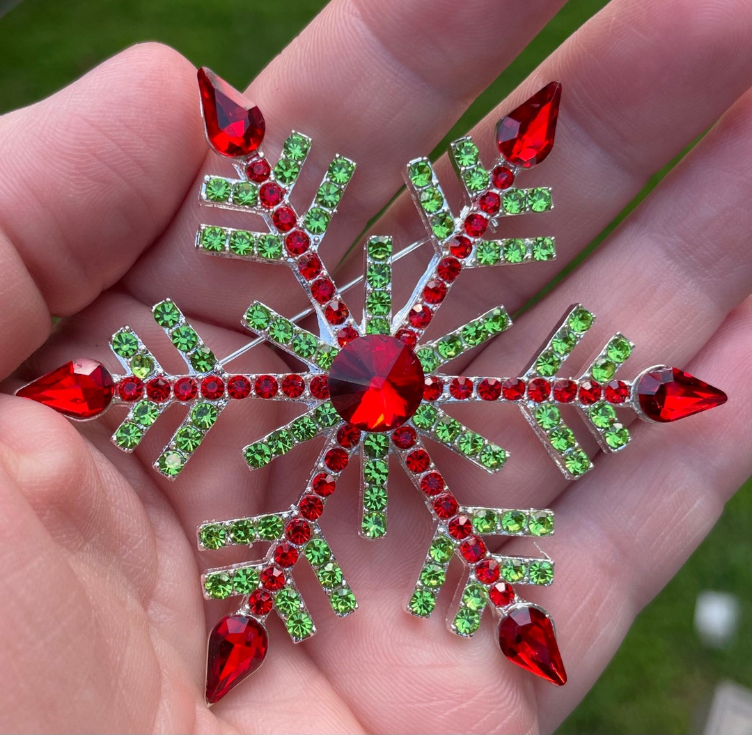 Large Snowflake Brooch Red and Green Rhinestones - Winter Wonderland ...