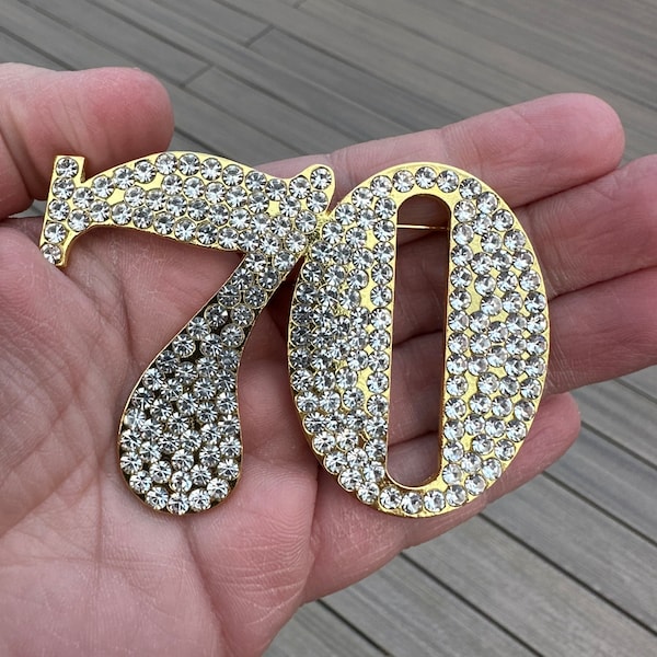 Stunning Large 3” Rhinestone Brooch Pin Number 70 70th Birthday Anniversary Jewelry Gift GOLD