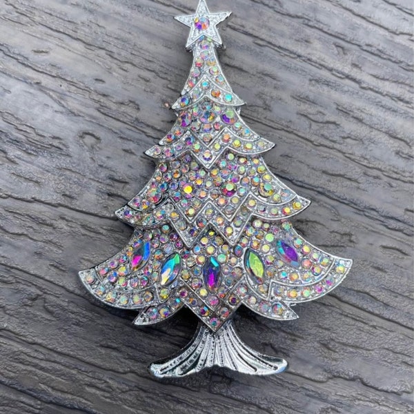 Clear Iridescent Winter Holiday Christmas Tree Brooch Pin - Sparkling Silver Rhinestone Jewelry Gift 2.75"