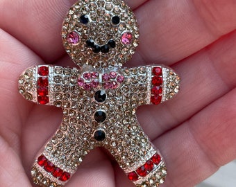 Gingerbread Man Rhinestone Brooch Pin - Festive Holiday Jewelry Gift 2x2"