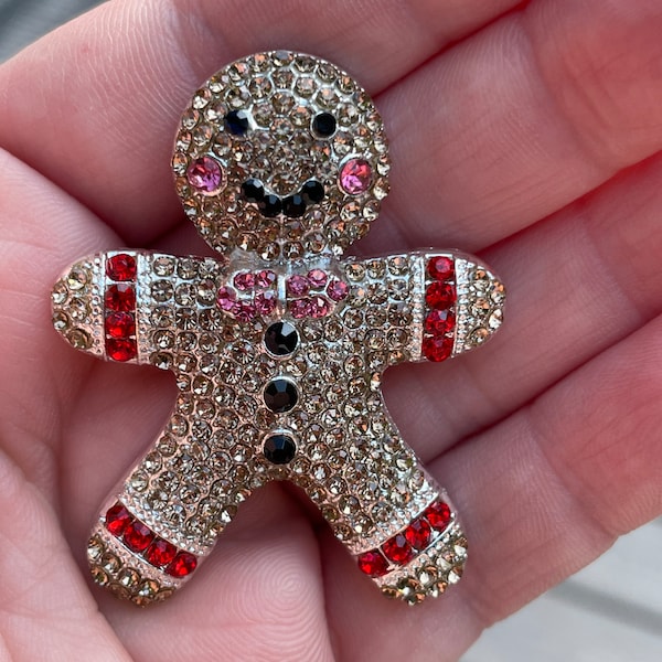 Gingerbread Man Rhinestone Brooch Pin - Festive Holiday Jewelry Gift 2x2"