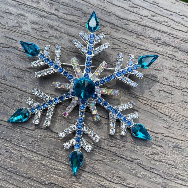 Frozen Winter Wonderland Snowflake Rhinestone Brooch Pin - Clear Blue Turquoise Christmas Holiday Jewelry