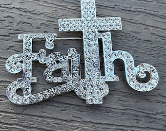 Custom Large Faith cross rhinestone silver pin brooch jewelry NEW