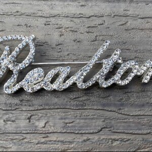 Custom Rhinestone script Realtor profession brooch 3.25&quot; with velvet pouch NEW