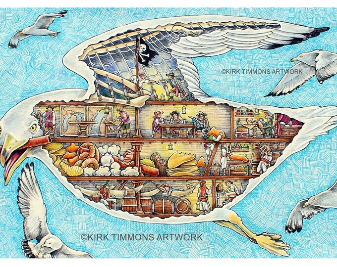 Great Lakes Gull Pirates. Art Print, Cutaway, Pirates, Bird, Seagull, Nautical, Gift, Illustration, children, room, wall, Leelanau, Mi
