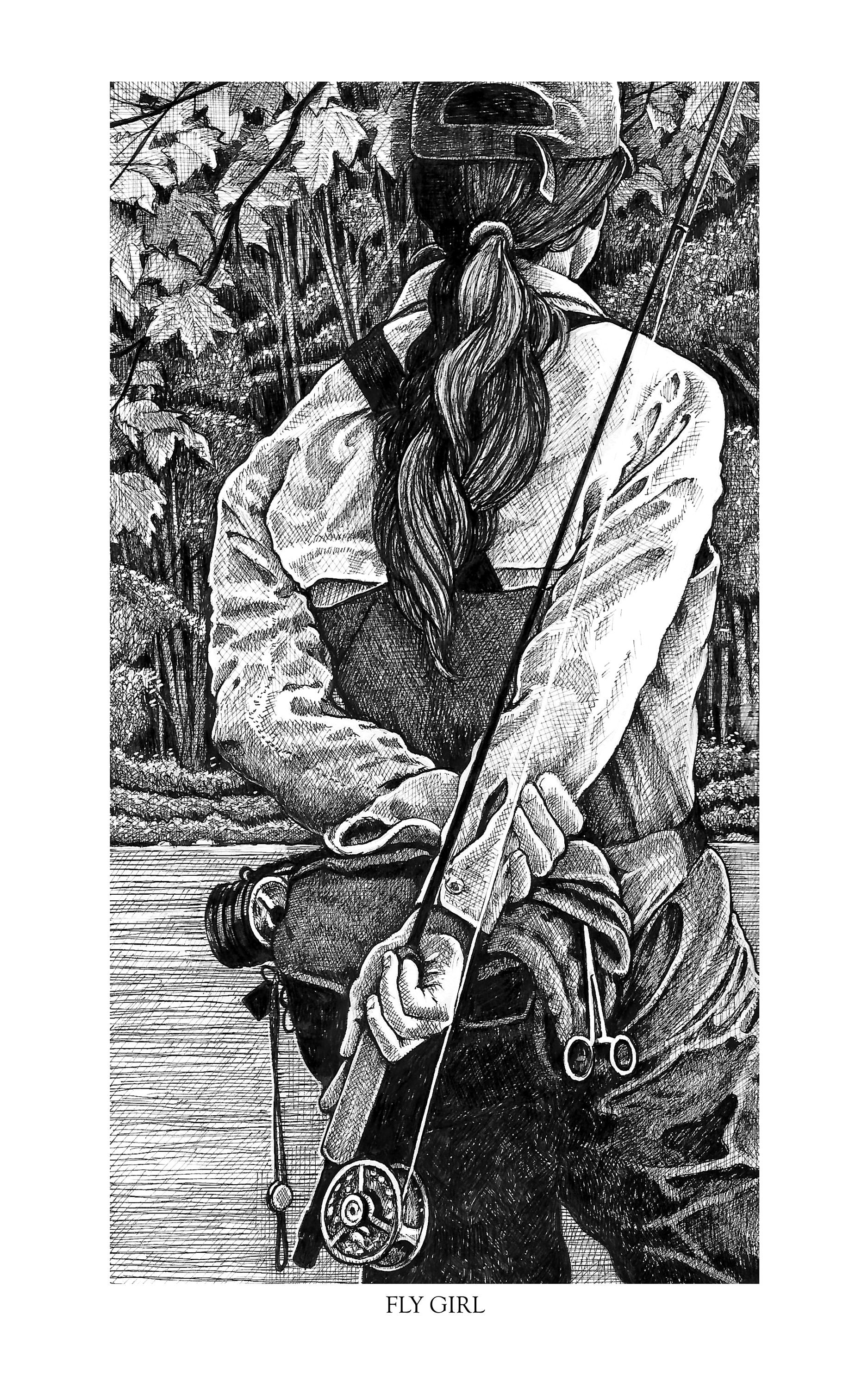 Art Print, Female, Fish, Fly, Fishing, Ink, Drawing, Kirk Timmons